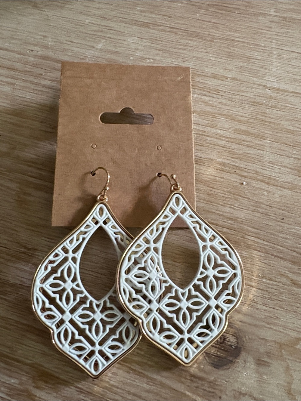 White Filigree Teardrop Earrings with Gold Trim